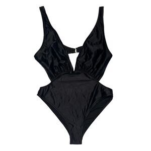 Womens Swimsuit One Piece Black Size Large Cutout Plunging Neck High Thigh Sexy